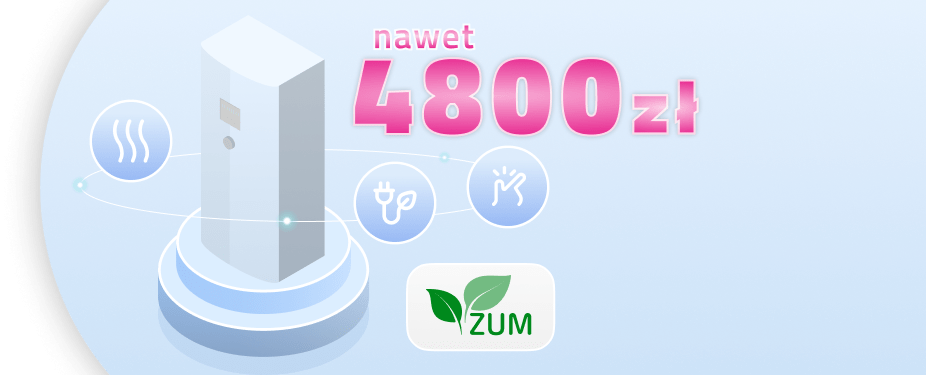 Grafika pompy ciepła oraz tekst: Nawet 4800 zł dofinansowania, ZUM - Zielone urządzenia i materiały