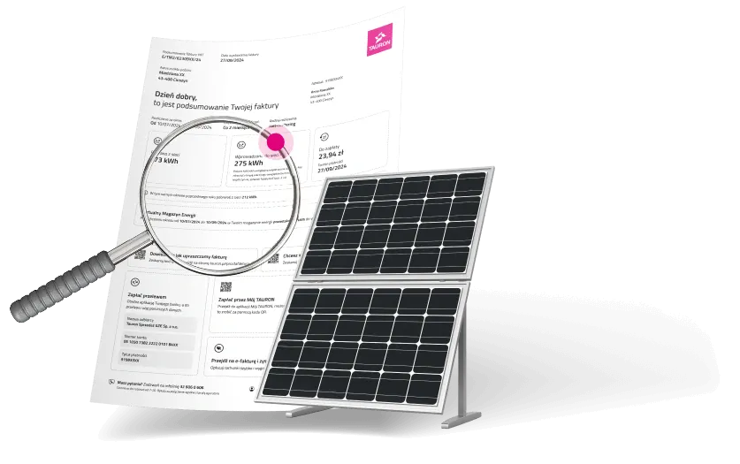 Faktura za energię elektryczną z lupą podkreślającą zużycie energii oraz panele fotowoltaiczne na stojaku