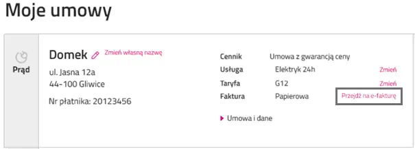 Widoczna jest przykładowa umowa klienta, wraz z danymi klienta, wybranym cennikiem, usługą, taryfą, typem faktury, zaznaczony przycisk 'przejdź na e-fakturę'