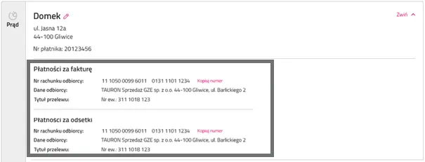 Widoczne są dane do wykonania przelewu, z podziałem na płatności za fakturę oraz poniżej - płatności za odsetki