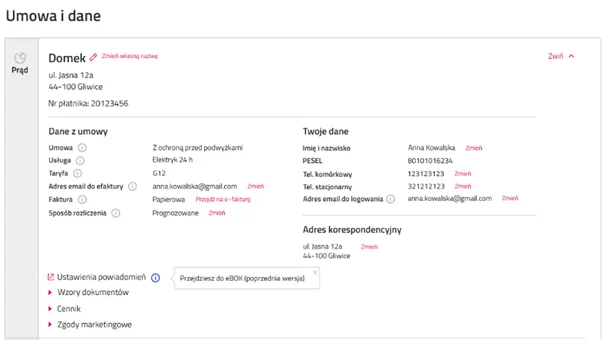 Widoczna jest zakładka 'Umowa i dane', wraz z wypisanymi danymi klienta, wybraną usługą oraz przyciskami do edycji danych