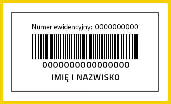 Widoczny jest numer ewidencyjny, poniżej kod kreskowy, poniżej 16-znakowy kod licznika, oraz na samym dole imię i nazwisko
