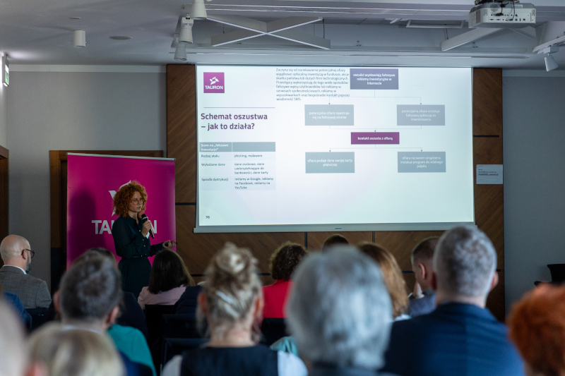 Slajd opowiada o prowadzonych w sieci akcjach phishingowych oraz najczęściej spotykanych schematach oszustwa.