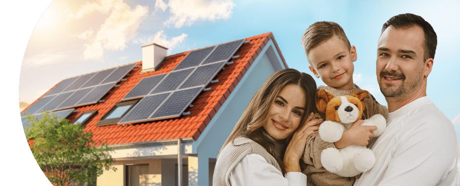 Rodzina na tle domu z panelami solarnymi
