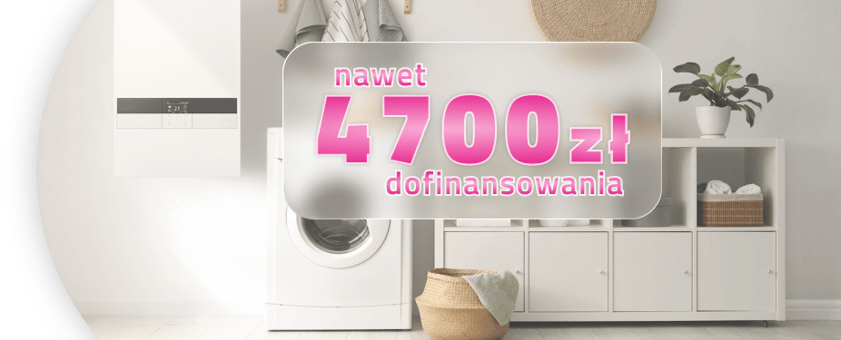 Grafika pompy ciepła oraz tekst: Nawet 4700 zł dofinansowania, ZUM - Zielone urządzenia i materiały